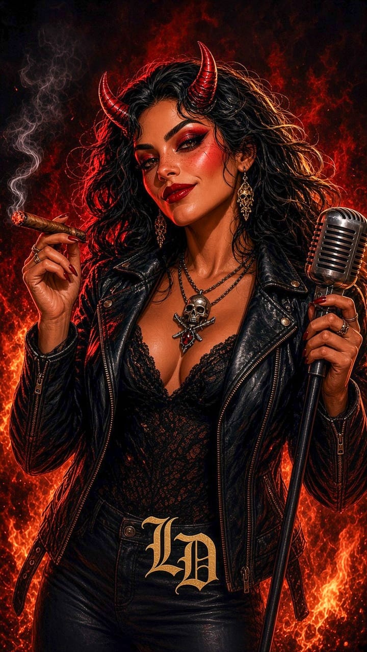 La Diabla: a horned devil woman with wild dark hair and red lips, in a black leather jacket and skull pendant, holding a lit cigar and a vintage microphone in front of flames.